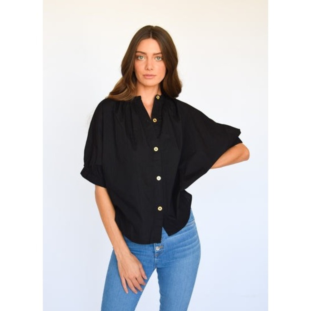 Never A Wallflower Black Cotton Puff Sleeve Button Down Blouse XS $198